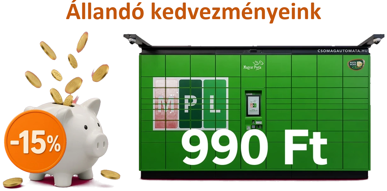 Állandó kedvezményeink: csomagautomata 990 Ft, 15% kedvezmény