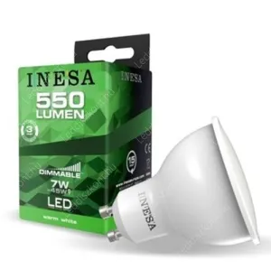 Inesa Led 7W, 580 lumen, 6500 kelvin, fényerőszabályozható spot égő GU10, hideg fehér.