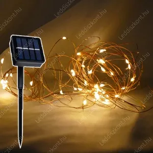 Napelemes Led fényfüzér 100 db, extra meleg /2500 kelvin!/ fehér leddel, 8 funkciós vezérlővel! Life Light Led 2 év garancia!