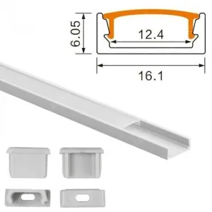Alusín Led profil szett, 8-12 mm Led szalaghoz. 2 m  fehér sín+ opál búra +4 db vég, ragasztható vagy csavarozható!