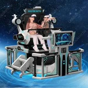 VR Space Time. Pénzbedobós szimulátor. 2 üléses tengelye körül 180°-ban jobbra-balra elforduló téridő sikló, 4K VR szemüveggel, 43 db játékkal.