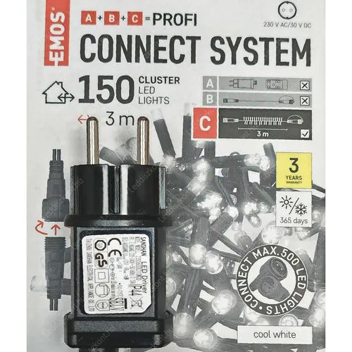Emos D2BC01 Led füzér sorolható, 150 db hideg fehér Leddel, + 1db 6W adapter ajándék! Karácsonyi Emos fényfüzér D2BC01P6WADAPTER 1 év gar.