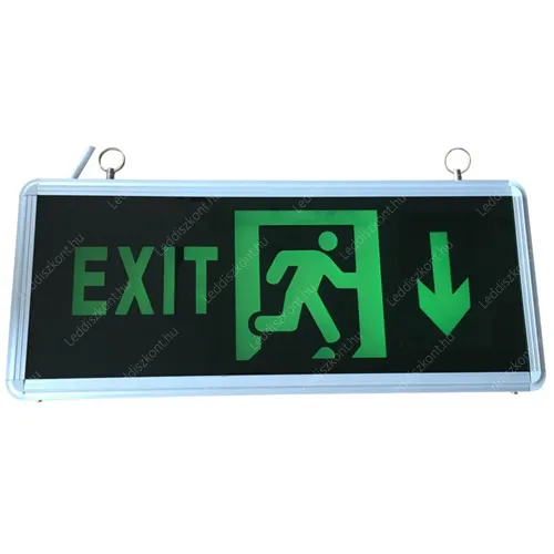 Led Exit lámpa, kétoldalas, kijáratjelző vészvilágítás, 3W, 1,5H üzemidő, folyamatosan világít. Lefelé mutat. Led Exit LLEXIT2OLDALIP44DOWN 2 év gar.