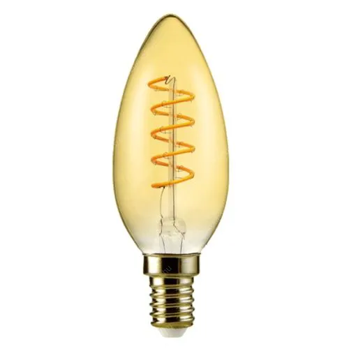 Led Filament gyertya égő 4W, borostyán burás dekor Led. 350 Lumen, 40W izzó helyett. E14, 2100K, extra meleg fehér, nem vibrál! Life Light Led. Led gyertya LLGYFIL4WE14DEWWA 2 év gar.