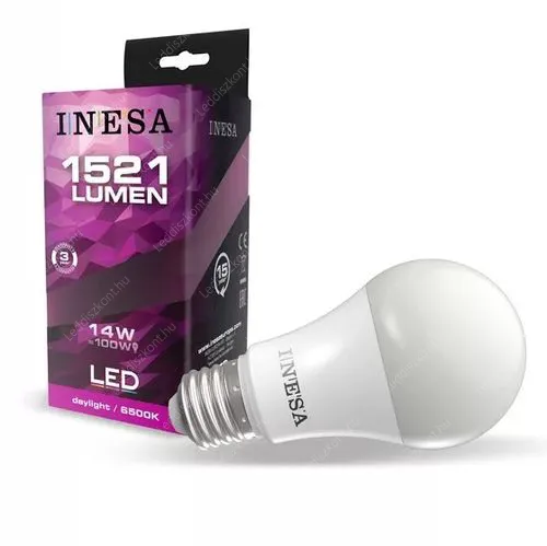 Inesa Led körte égő 14W, 1520 lumen, 120W izzó helyett. E27, 70 mm, hideg fehér. Nem vibrál a fénye! Led körte LLK14W60612E27CW 2 év gar.