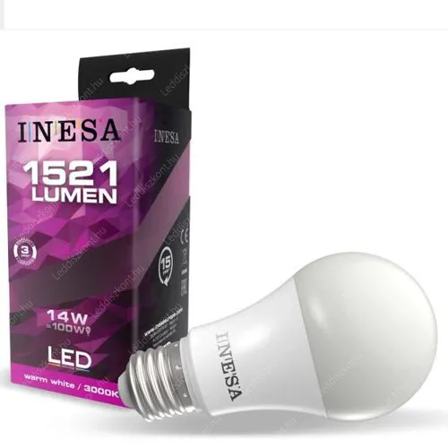 Inesa Led körte égő 14W, 1520 Lumen, 120W izzó helyett. E27 foglalat. Fejátmérő 70 mm, 3000 kelvin, meleg fehér. Nem vibrál a fénye! Led körte LLK14WE2760610K3000 2 év gar.