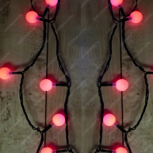 Karácsonyi Led fényfüzér 100 db nagy golyó, piros fénnyel. IP44, kültérre is! 8 funkciós vezérlővel és időzítővel. Life Light Led. Karácsonyi fényfüzér LLKIP44CHERRYTIM100LR 2 év gar.