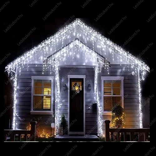 Karácsonyi 200 Led jégcsap függöny, 200db hideg fehér világító Led+1db meleg fehér ami felvillan! IP44 kültérre is, időzítő, vezérlő. Life Light Led. Karácsonyi jégcsap függöny LLKJFUGIP44TIM1LWW200LCW 2 év gar.