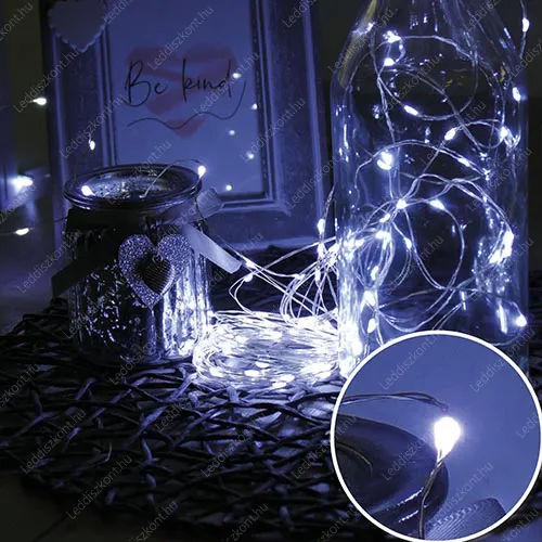 Karácsonyi 100 Led fényfüzér, IP44, kültérre is! 100 db Mikro- Ledes Nano hideg fehér Leddel, ezüst vezetékkel. Csak világít, időzítős! Karácsonyi fényfüzér LLKNANOIP44STIM100LCW 2 év gar.