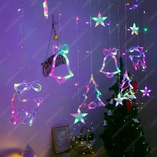 Karácsonyi Led függöny, 3db csillag, 3db fenyőfa, 3db harang, 3db szarvas, 138 db multi color Led, átlátszó vezeték. 8 funkciós vezérlő, 5V, USB-s! Karácsonyi Led függöny LLKNIP44USB8FCUR3S3T3B3DMC 2 év gar.