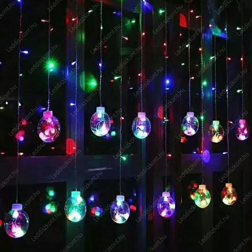 Party Led függöny, meleg fehér, 12db gömbben 108 db multi color Led, átlátszó vezetékkel. 8 funkciós vezérlővel, 5V, USB csatlakozós! Life Light Led. Led karácsonyi függöny LLKNIP44USB8FCURBALL108LMC 2 év gar.
