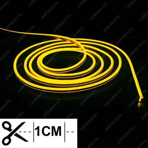 Led Neon Flex 1 centinkként vágható! 24V, 10W, 120 Led/m, 6x12mm, IP68 vízálló, sárga. Led Neon Flex LLLNF24V1CM6X12LEMON 1 év gar.