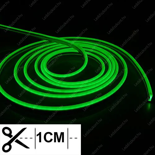Led Neon Flex 1 centinkként vágható! 24V, 10W, 120 Led/m, 6x12mm, IP68 vízálló, zöld. Led Neon Flex LLLNF24V1CM6X12GREEN 1 év gar.