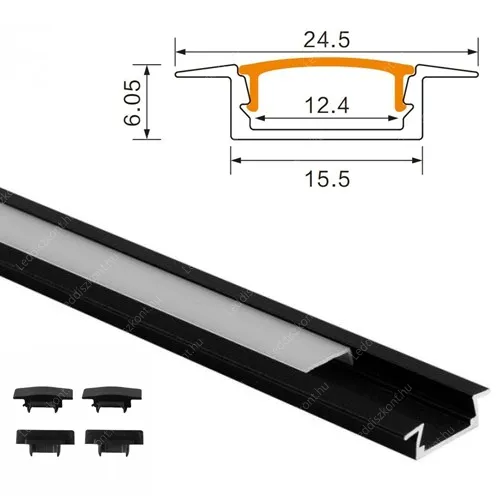 Alusín profil szett, 2 m fekete sín+ opál búra +4 db vég, 8-12 mm Led szalaghoz, bútorba beépíthetó, ragasztható vagy csavarozható! Alusín szett LLLSZASIN2M20614BEPBLACKTEJSZETT 1 év gar.