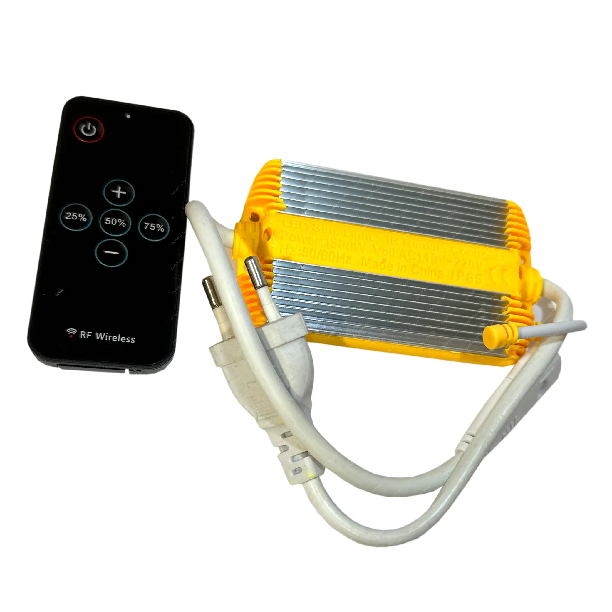 230V egyszínű Led szalaghoz vezérlő és 24 gombos távirányító, ki-be kapcsolás, dimmerelés. 50 métert vezérelhet! Led szalag 230V LLSZ230V15ADIM 1 év gar.