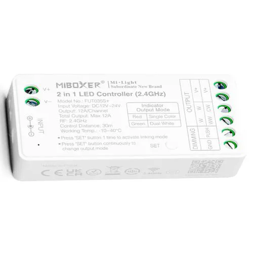 Mi-Light FUT035S+ Led szalag 4 zónás csoport vezérlő CCT, egyszínű vagy kétszínű Led szalaghoz, rádiós, 12A, 144W. Mi-Light 2 év garancia Led vezérlő LLSZVCCTFUT035S+ 2 év gar.