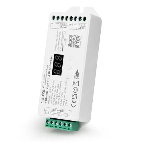 Mi-Light D5CX 5 csatornás DMX512 és RDM dekóder. Rádiós. DC12V~24V: csatornánkként 4A, max. 20A. Led vezérlő LLSZVDMX5D5CX 2 év gar.