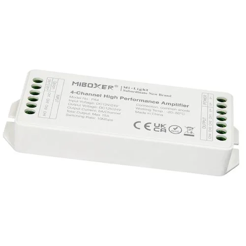Mi-Light PA4, 4 csatornás nagy teljesítményű erősítő. DC12 / DC24V. Max 15A. Led vezérlő LLSZVJELPA4 2 év gar.