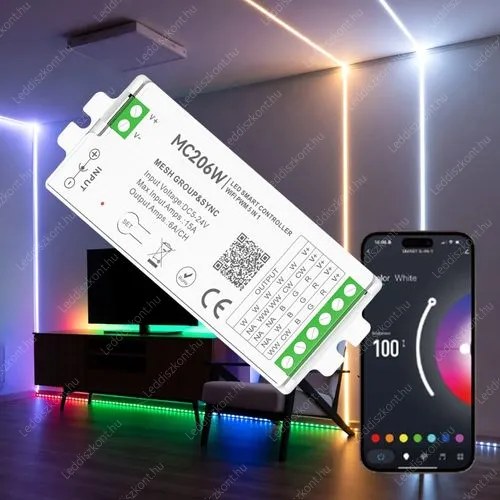 MESH RGB+CCT Wifi vezérlő Led szalaghoz 15A, 4 zónás hang, csoport és szinkron vezérlő, rádiós, 12V-15A-180W, 24V-15A-360W. MESH 2 év garancia! Led vezérlő MESH LLSZVMC206WI15ARGBWCCT 2 év gar.