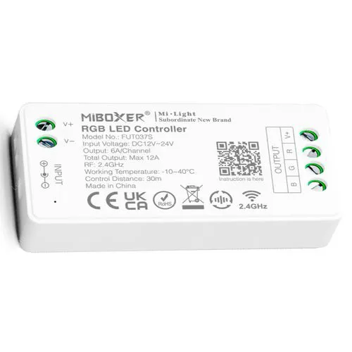Mi-Light FUT037S Led szalag csoport vezérlő RGB, rádiós, 12A, 144W. Mi-Light 2 év garancia! Led vezérlő LLSZVRGBFUT037S 2 év gar.