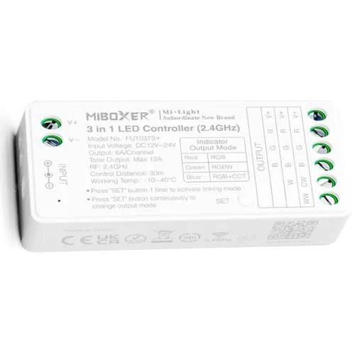 Mi-Light FUT037S+ Led szalag 4 zónás csoport vezérlő RGB+RGBW+RGB+CCT Led szalaghoz rádiós, 12A, 144W. Mi-Light 2 év garancia! Led vezérlő LLSZVRGBWCCTFUT037S+ 2 év gar.
