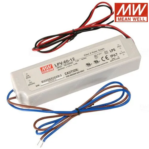 Led Mean Well tápegység LPV-60-12, 12V, 60W, 5A, IP67 vízálló, 2 év garancia! Led tápegység Meanwell LLTMWIP67LPV12V60W 2 év gar.